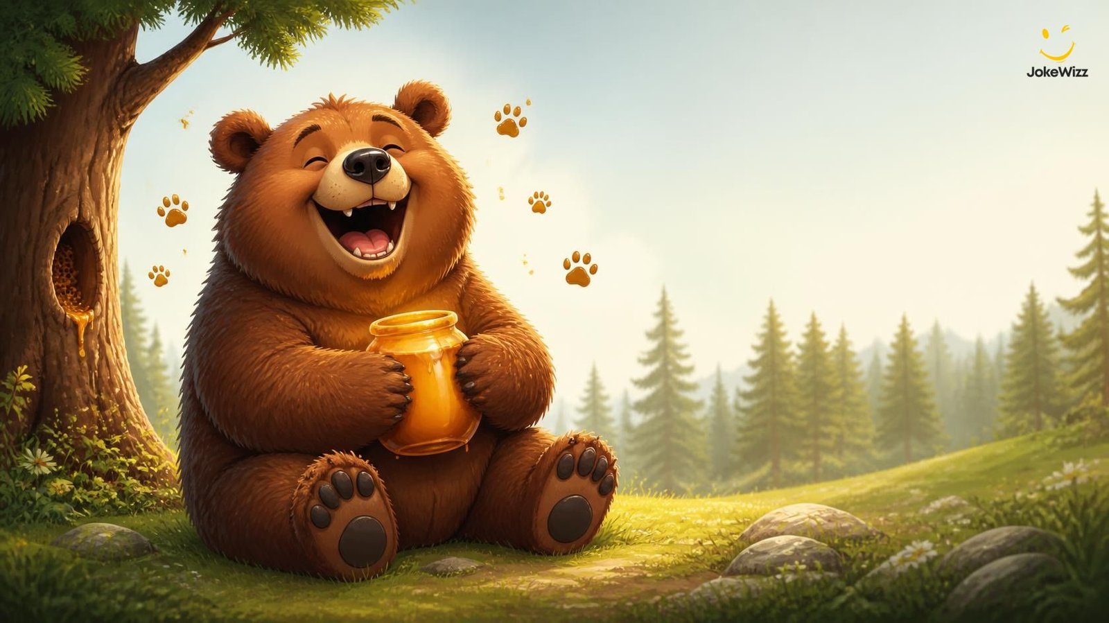 Funny brown bear holding honey jar for bear jokes and puns