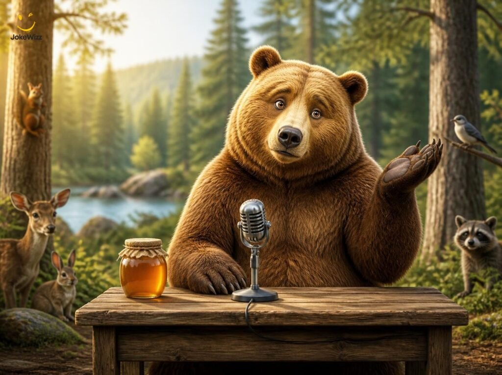 Funny bear answering questions for a joke article