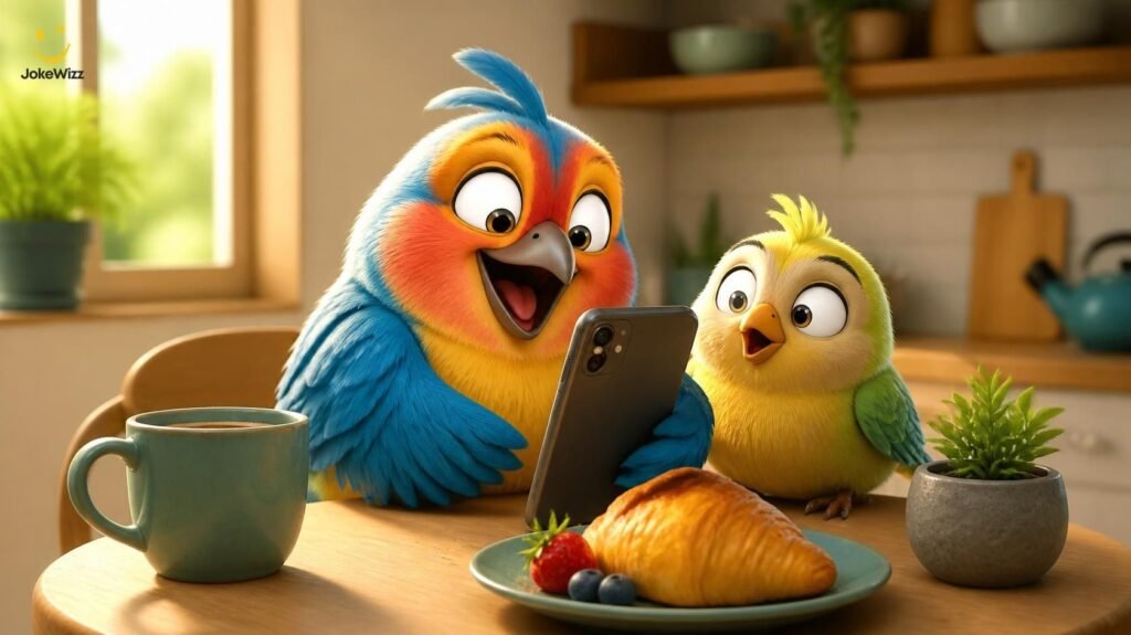 Funny bird laughing at a smartphone at home