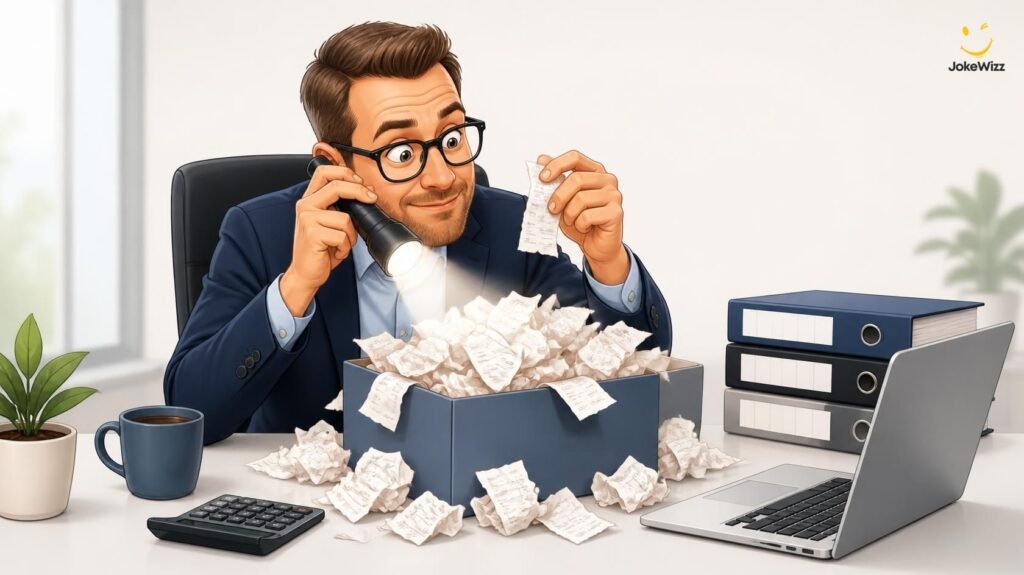 Funny bookkeeper searching through a shoebox full of receipts