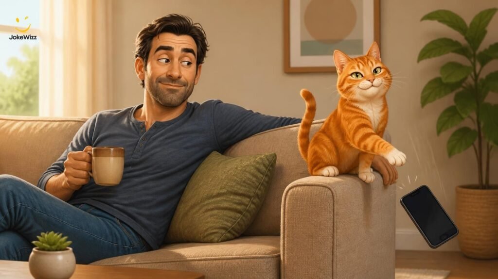 Funny cat knocking a phone off the sofa beside a dad