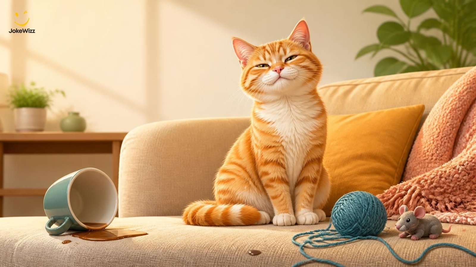 Funny cat sitting on a sofa surrounded by playful household items