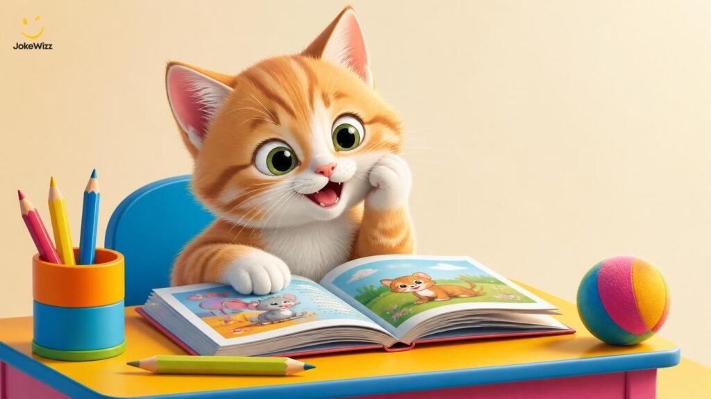 Playful kitten sitting beside a book at a child's desk