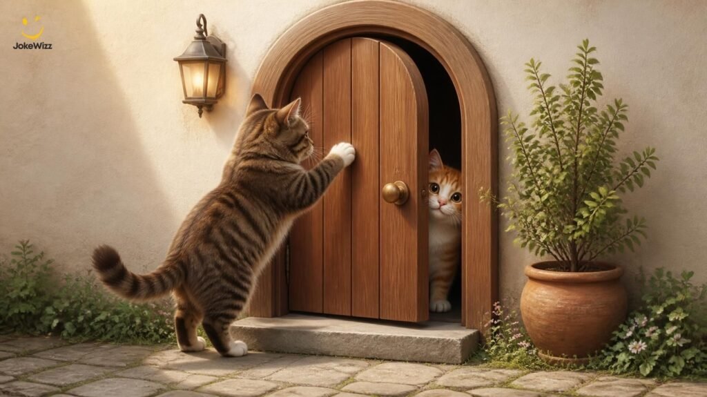 Cute cat knocking on a front door for a funny knock-knock joke