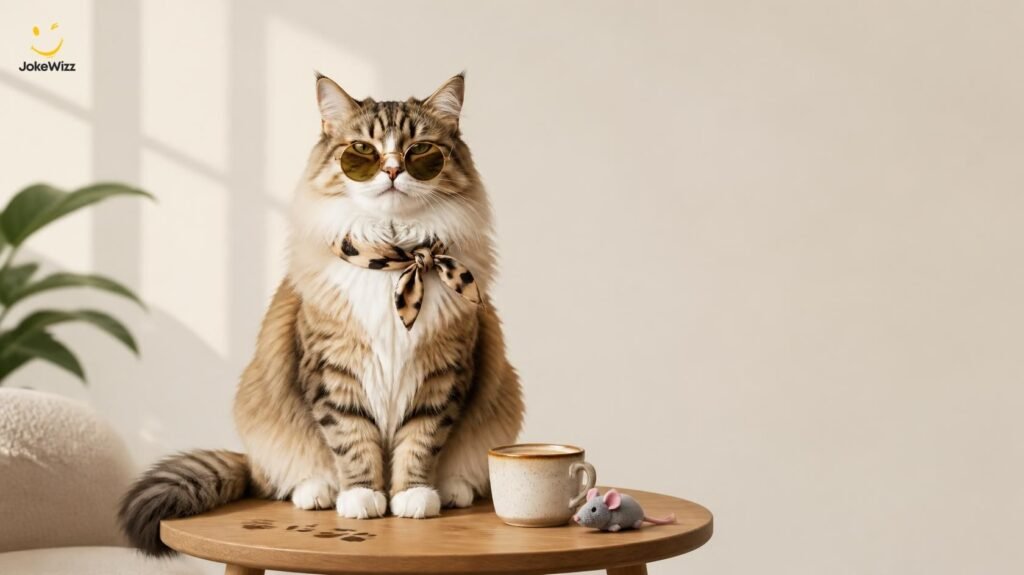 Funny fluffy cat sitting beside coffee cup for cat one-liners and puns