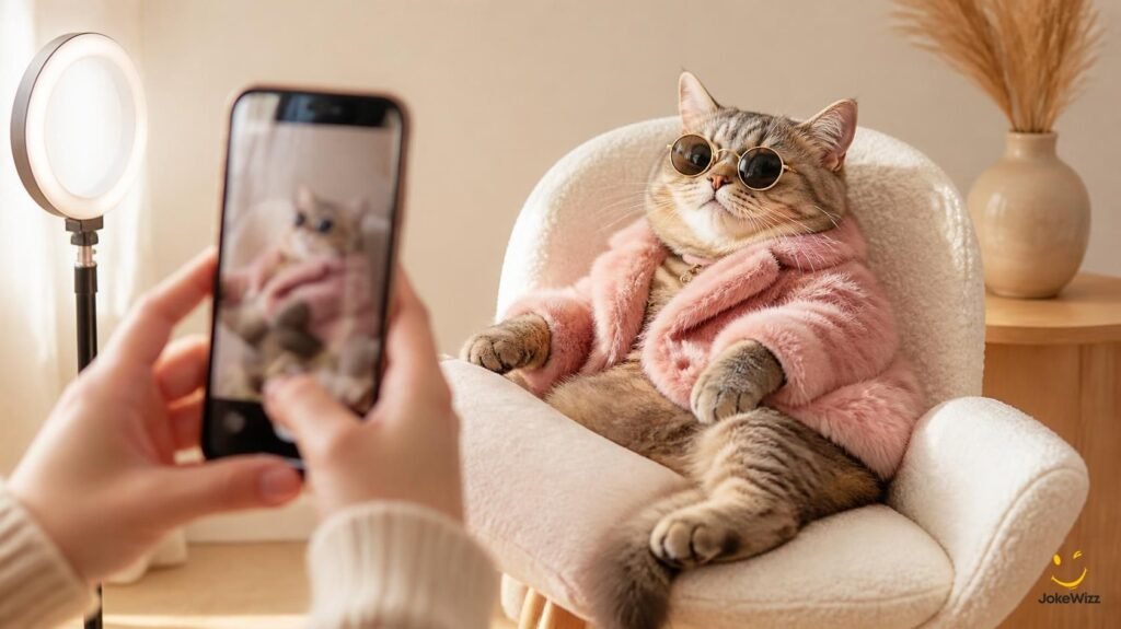 Confident cat posing for a smartphone photo for Instagram captions