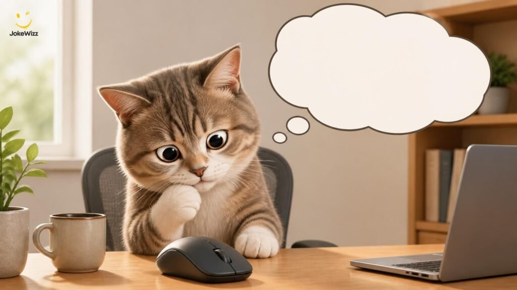 Confused cat looking at a computer mouse for cat Q&A jokes and riddles