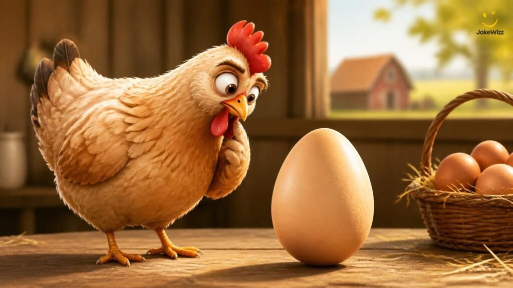 Confused chicken looking at an egg for funny chicken and egg jokes