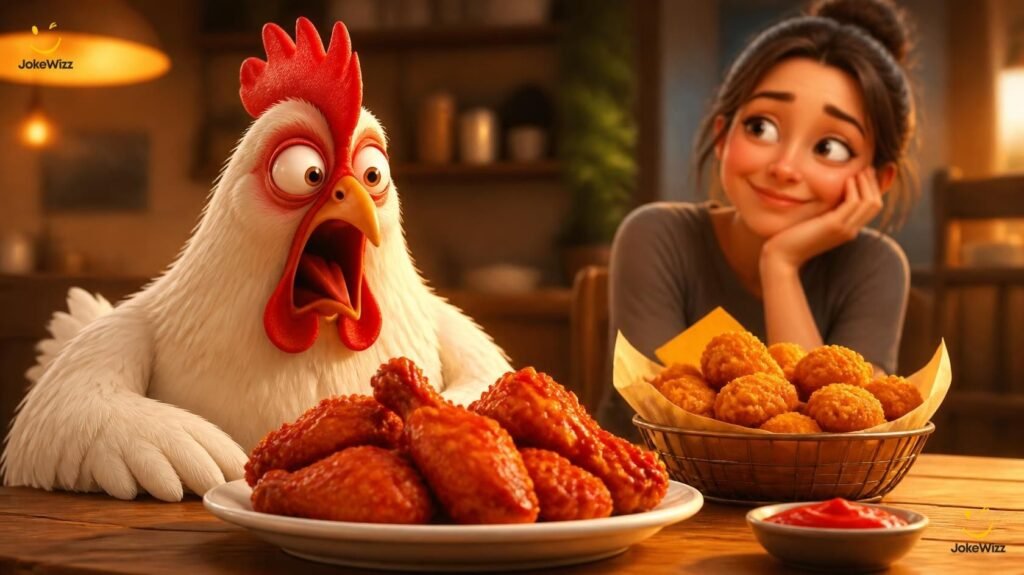 Funny chicken looking suspiciously at wings and nuggets on a dinner table