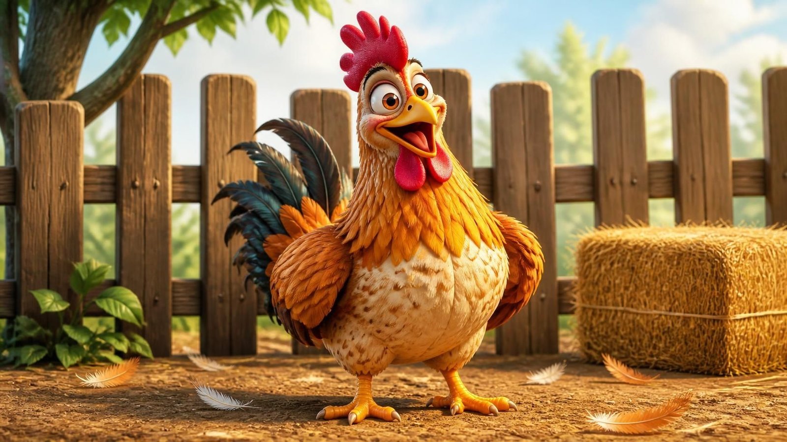 Funny chicken standing in a farmyard for chicken jokes and puns