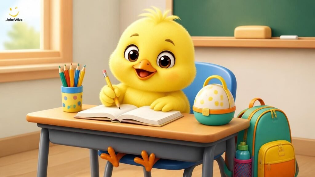 Cute chick sitting at a school desk for funny chicken jokes for kids