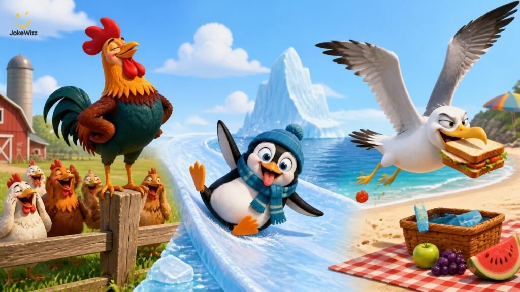 Funny chicken penguin and seagull in humorous scenes