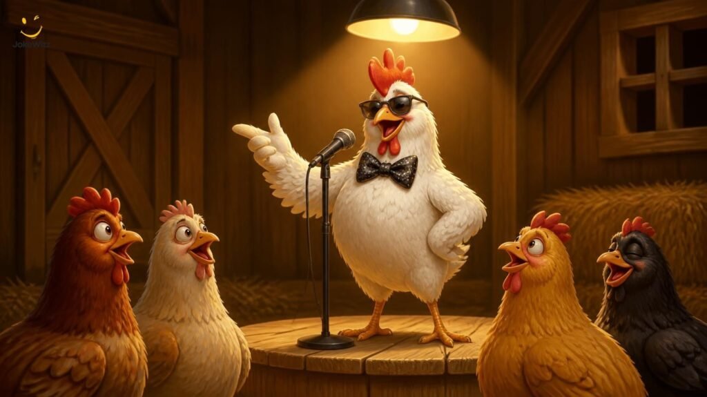 Chicken comedian performing funny puns and one-liners on a small stage