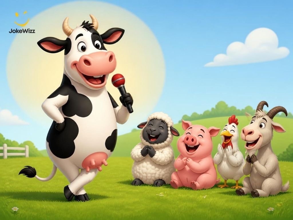 Funny cow jokes with a cheerful cow in a pasture