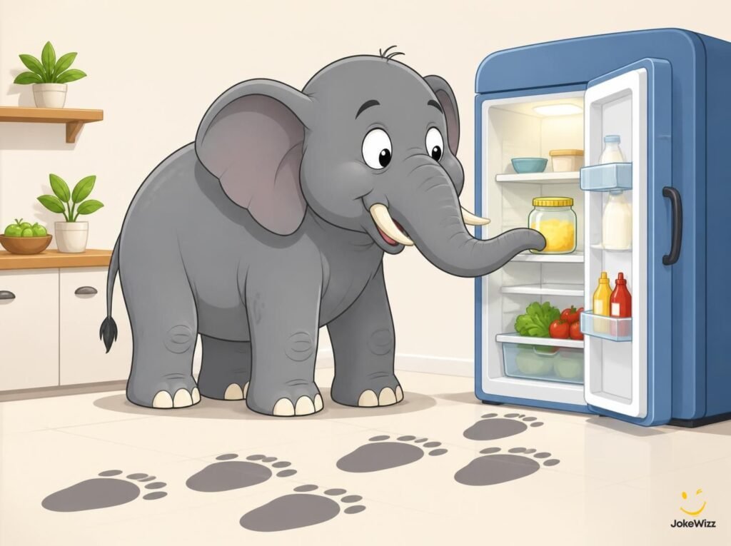 Funny elephant standing beside an open refrigerator