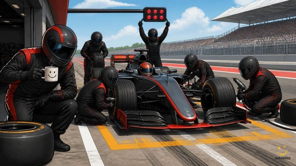 Funny Formula 1 style pit crew changing race car tires