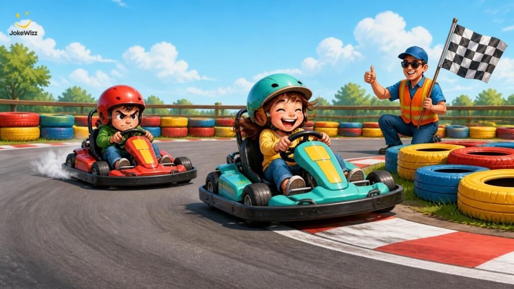 Funny go-kart drivers racing around a track