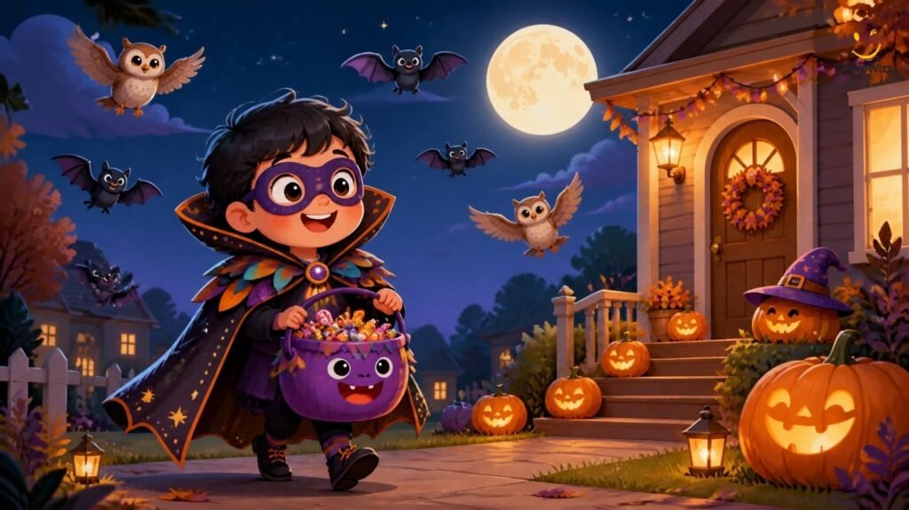 Funny masked hero Halloween scene with candy