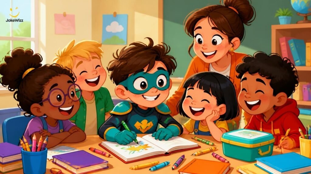 Funny young masked hero laughing at school with children