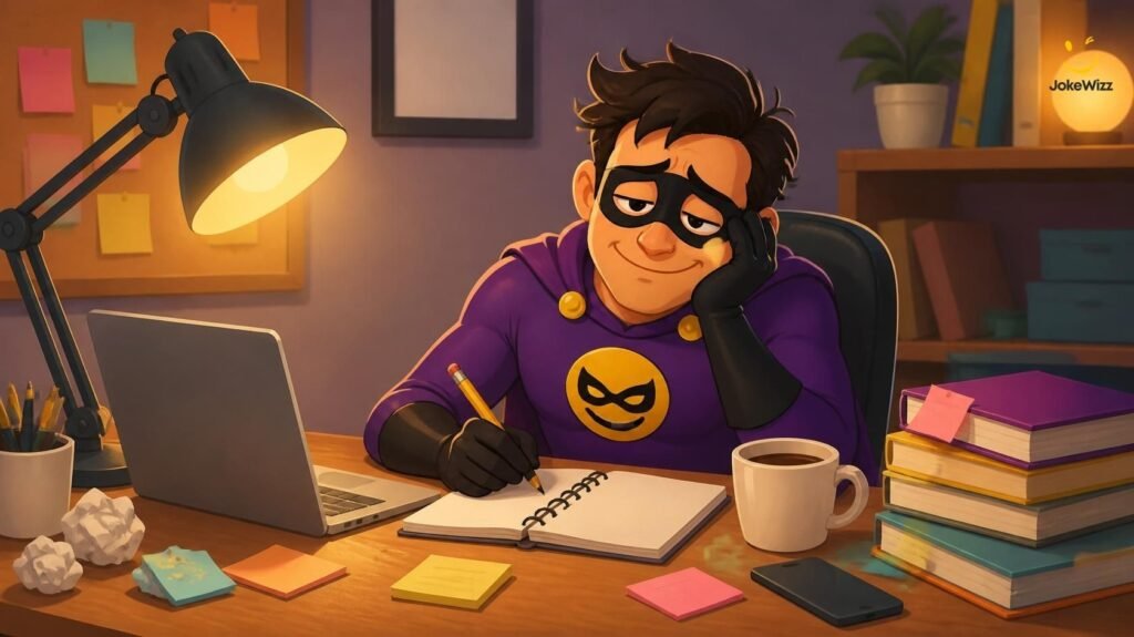 Funny masked hero writing jokes and one-liners