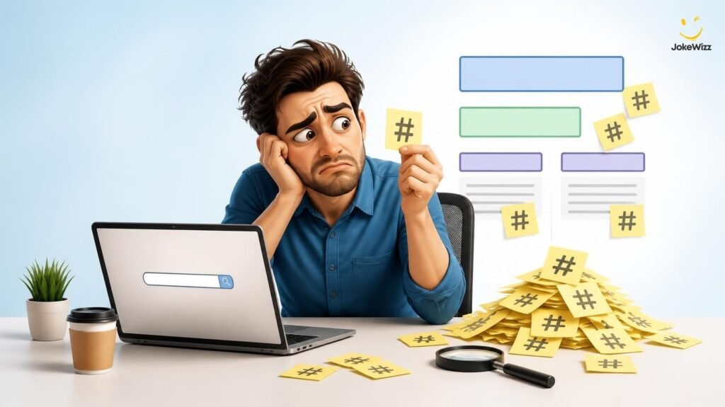 Funny SEO professional doing keyword research with search terms and sticky notes