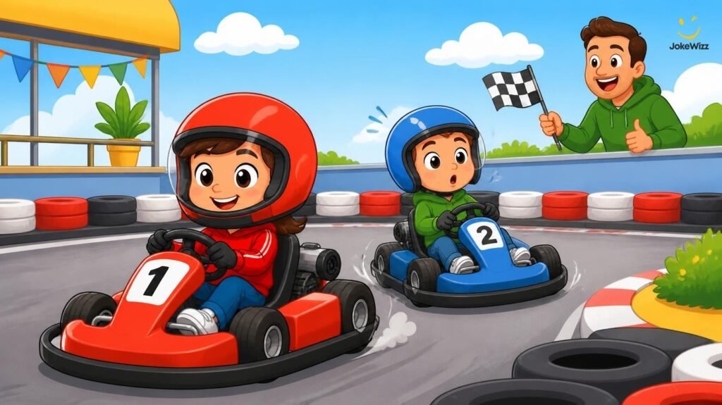 Funny kids racing go-karts on a family-friendly track