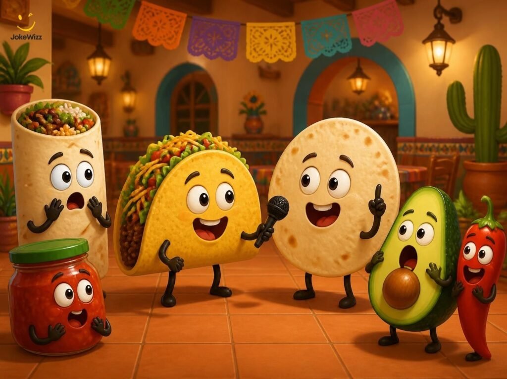 Funny taco and tortilla characters sharing a Mexican Q&A joke