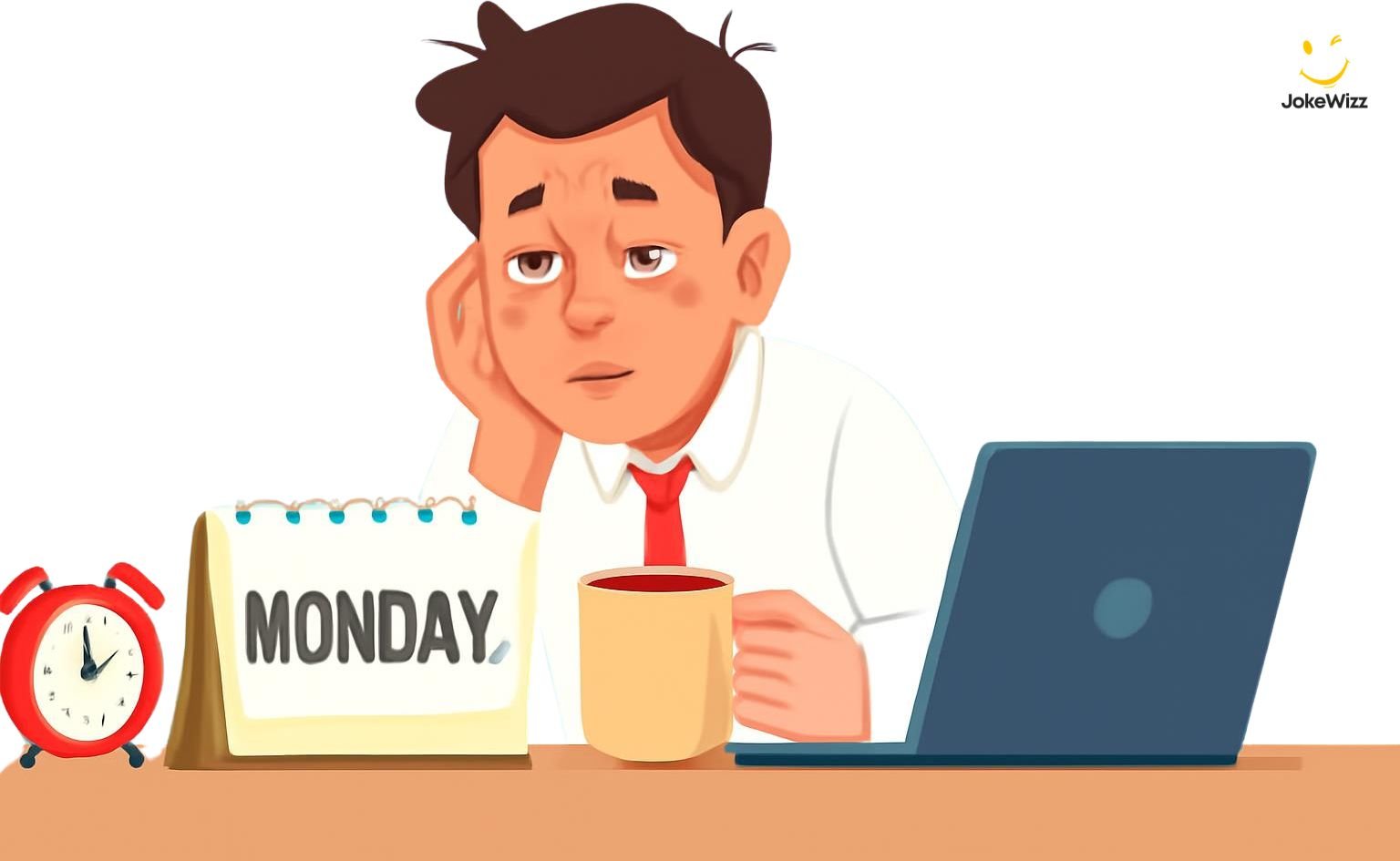 Funny Monday jokes illustration with a sleepy worker, coffee, and Monday calendar