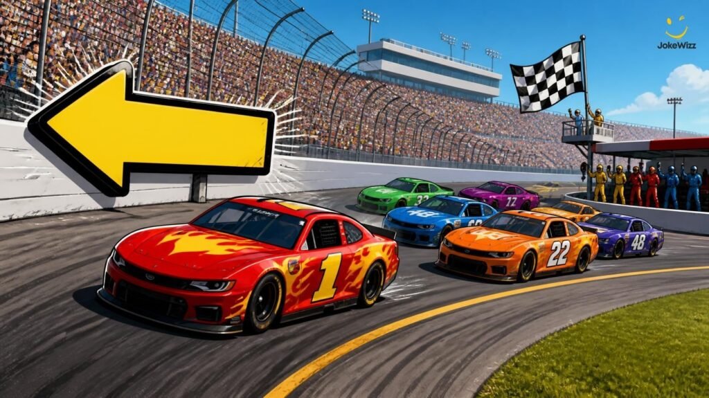 Funny NASCAR style race cars making a left turn on an oval track
