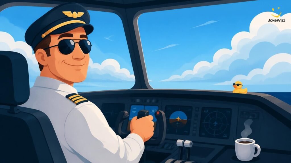 Funny pilot jokes illustration with cheerful airplane pilot