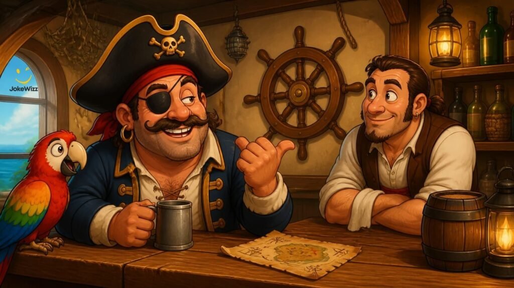 Funny pirate talking with a bartender in a pirate tavern