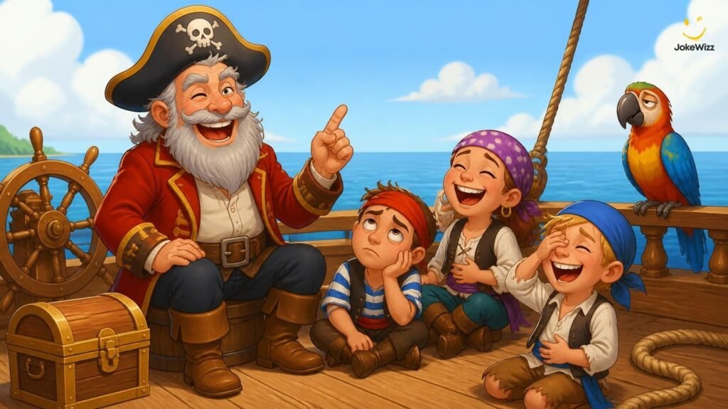 Funny pirate dad telling a joke while his crew rolls their eyes