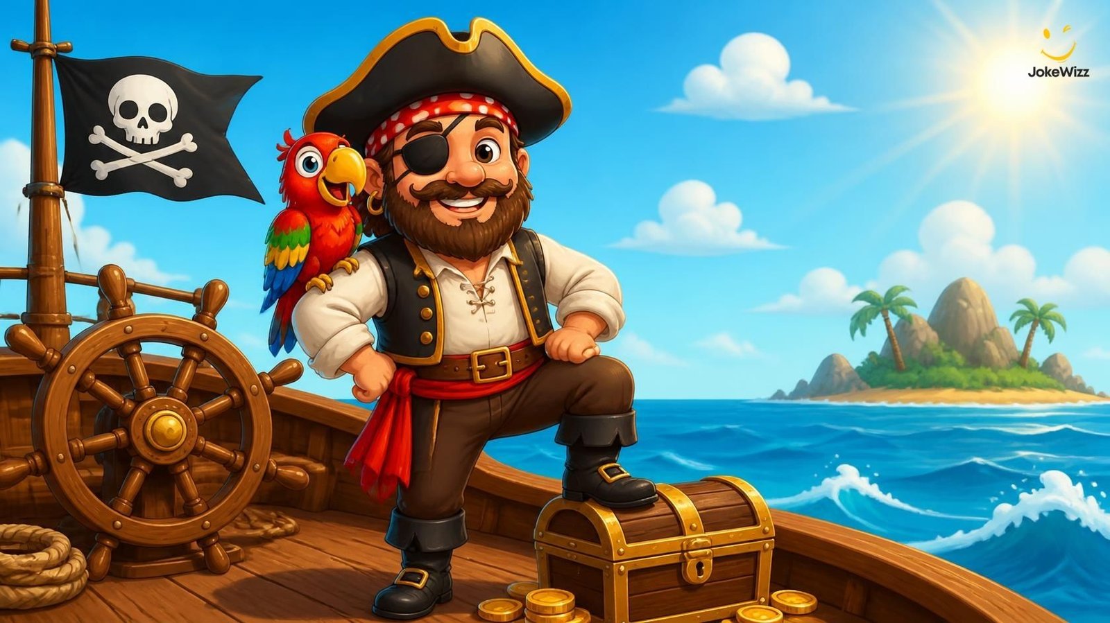 Funny pirate with a parrot on a ship for pirate jokes and puns