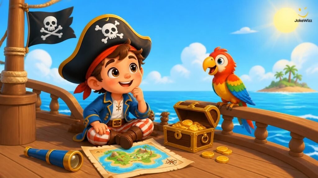 Cute young pirate with a parrot and treasure chest for kids