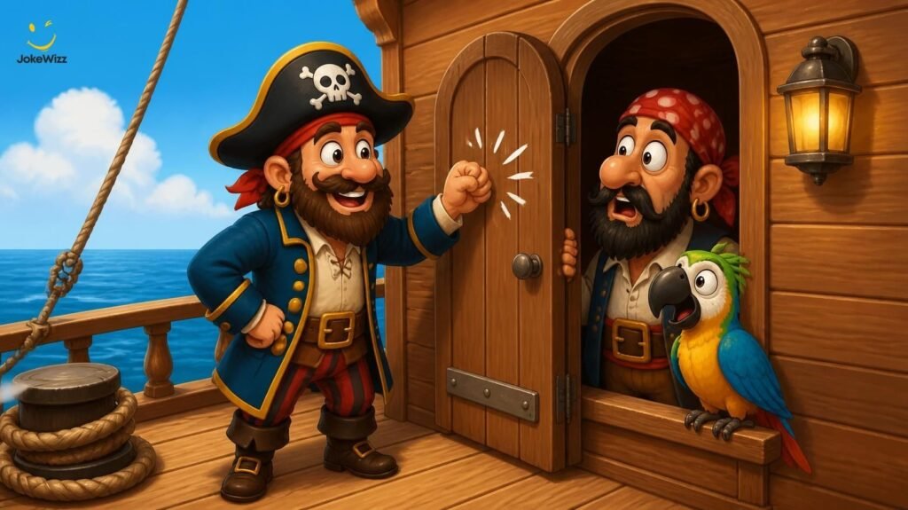 Funny pirate knocking on a ship cabin door for a knock-knock joke