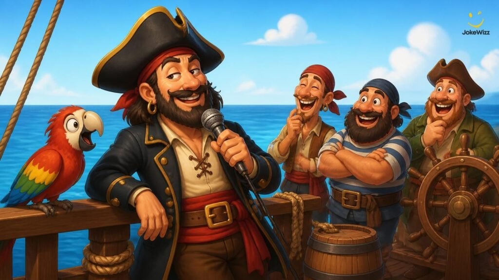 Funny pirate telling one-liners to his crew on a ship