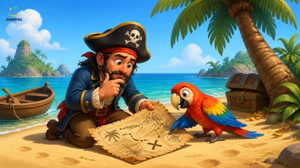 Pirate solving a treasure map riddle on a tropical island