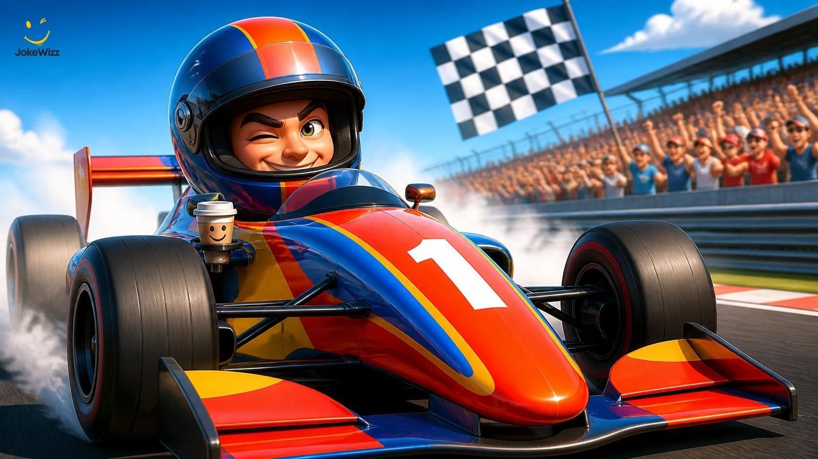 Funny racing car speeding around a track with a checkered flag