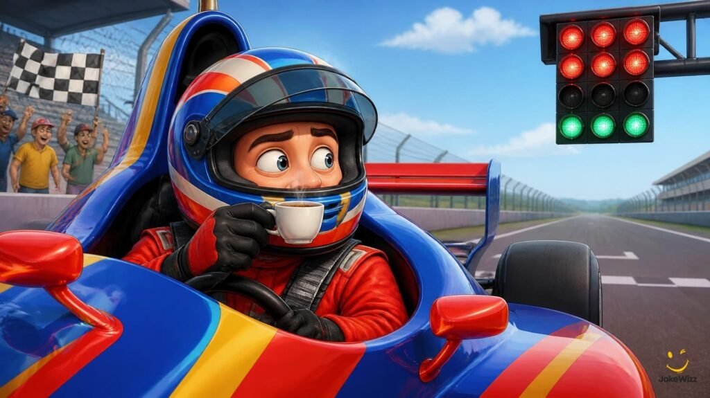 Funny race car driver getting ready for race day