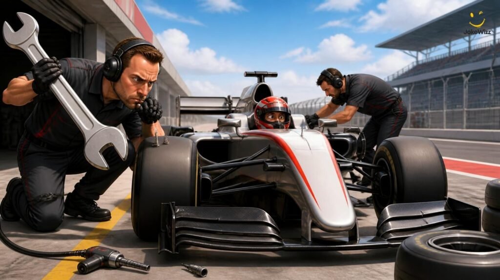 Funny racing pit crew and mechanic preparing a race car