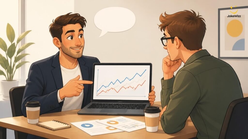 Funny SEO professional explaining search rankings during a client meeting