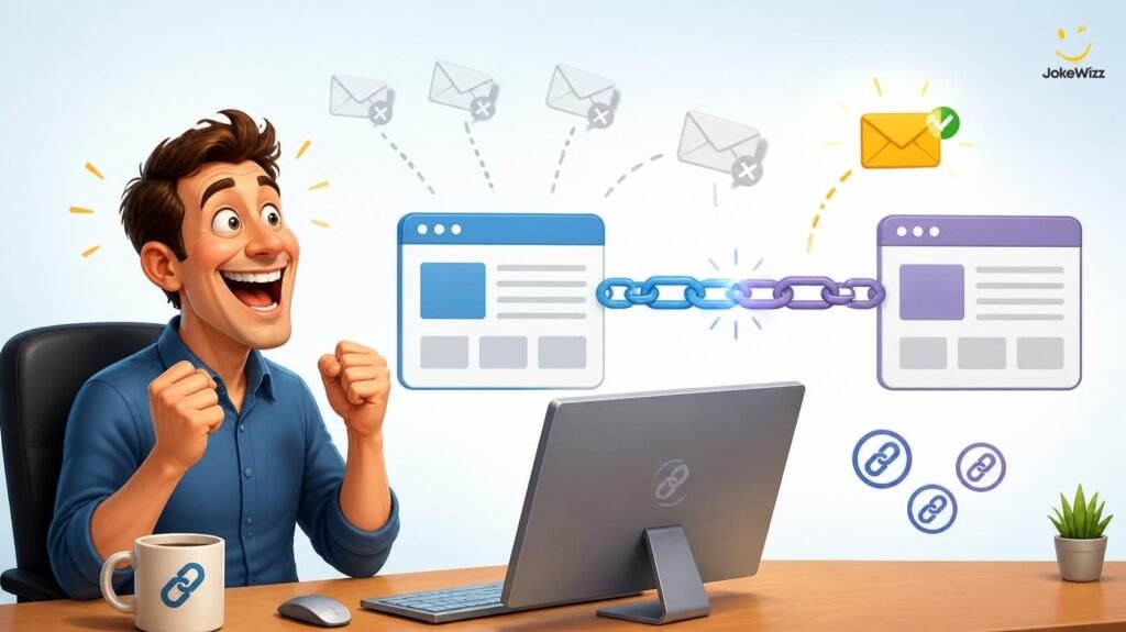 Funny SEO marketer building backlinks and sending outreach emails