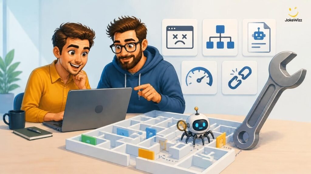 Funny SEO professional and developer fixing crawling and indexing problems