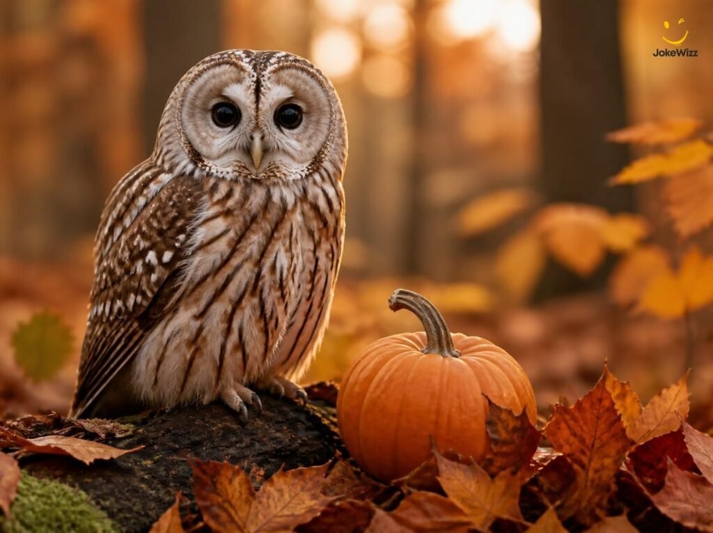 Cute owl beside a pumpkin for Halloween owl puns