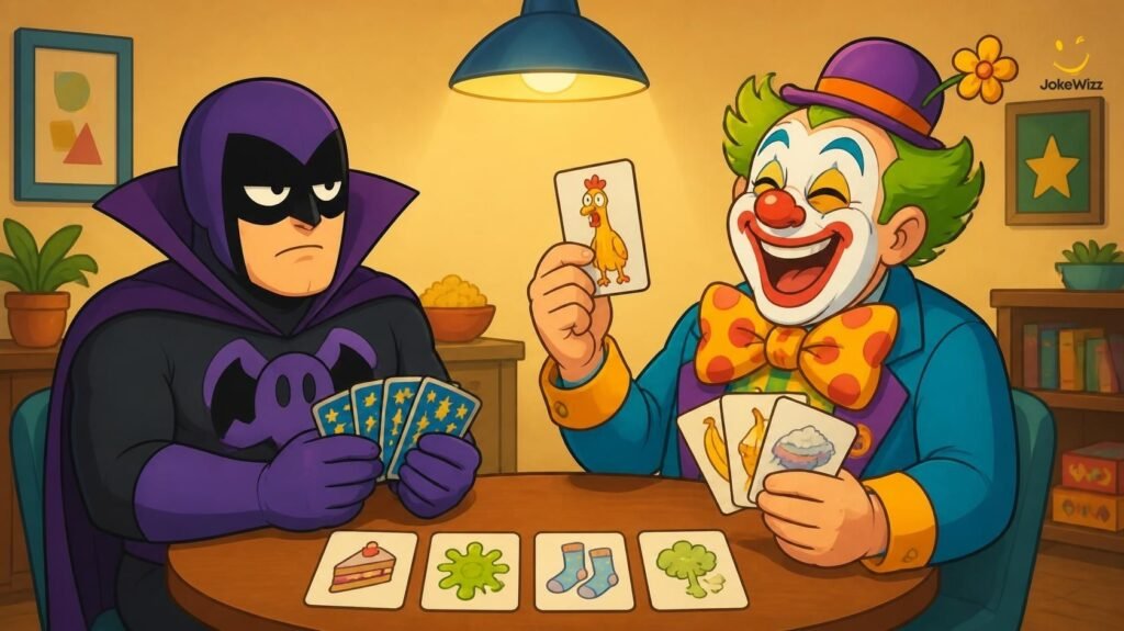 Funny masked hero and clown playing cards