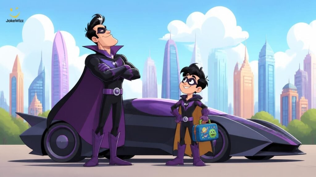 Funny masked hero and sidekick standing beside a car
