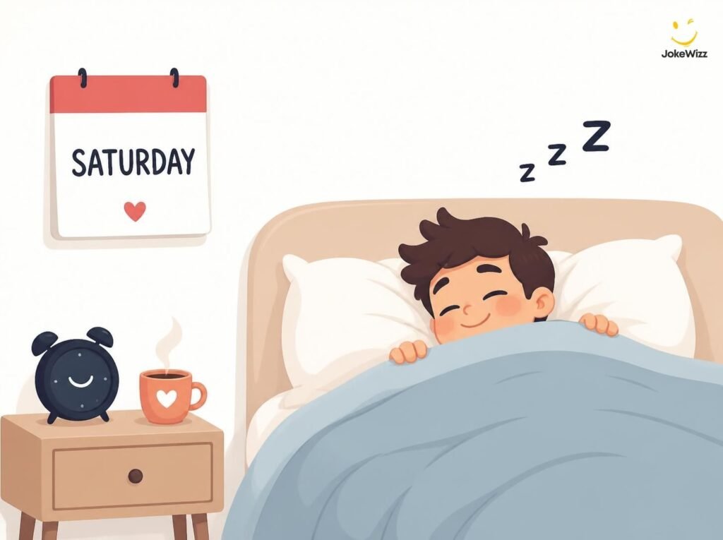 Person sleeping in on Saturday beside an alarm clock and calendar