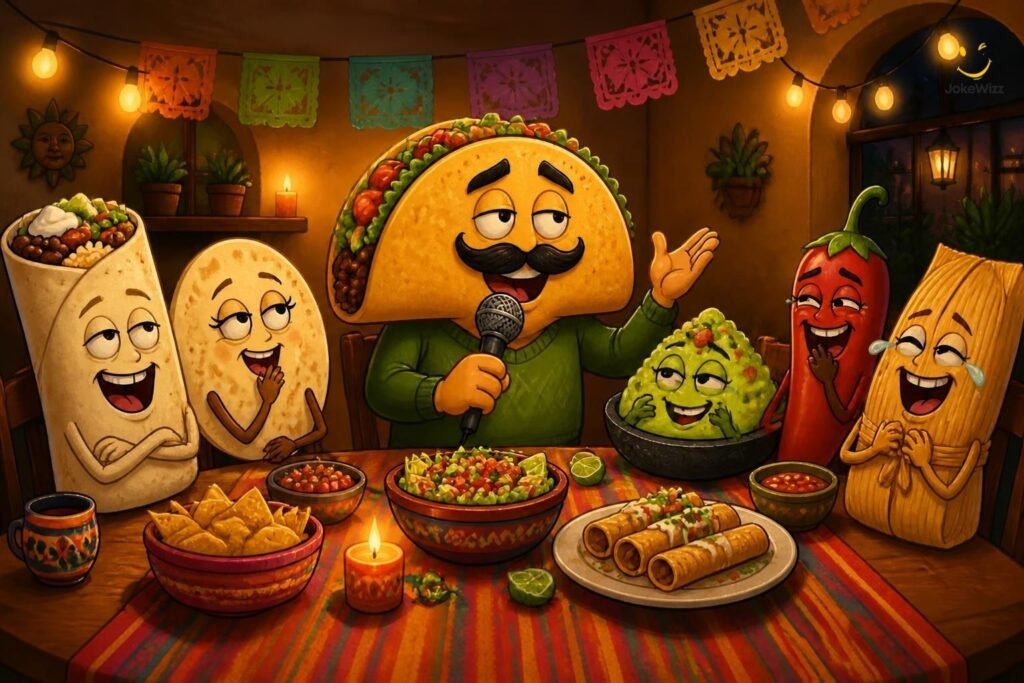 Funny taco character telling a dad joke at a Mexican dinner table