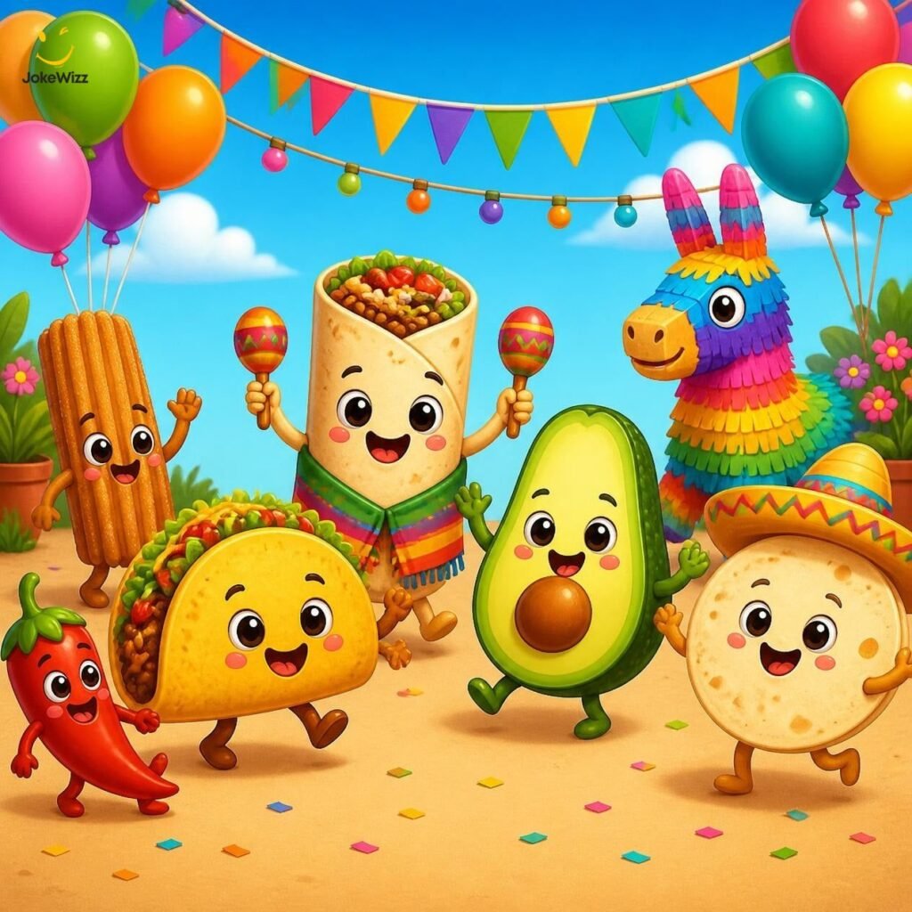 Colorful funny tacos, burritos, and piñata characters for kids