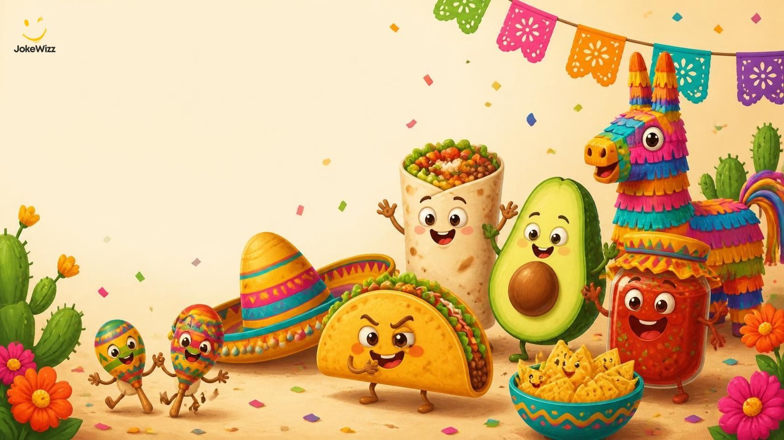 Funny Mexican jokes with tacos, salsa, and a festive fiesta scene